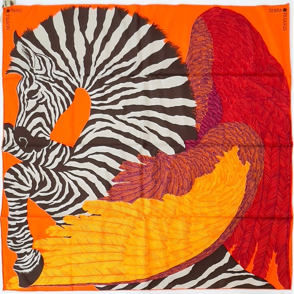 NWT RARE! Hermes Scar Carré 90 "Zebra Pegasus" in Orange & Red by Alice Shirley - Picture 1 of 10